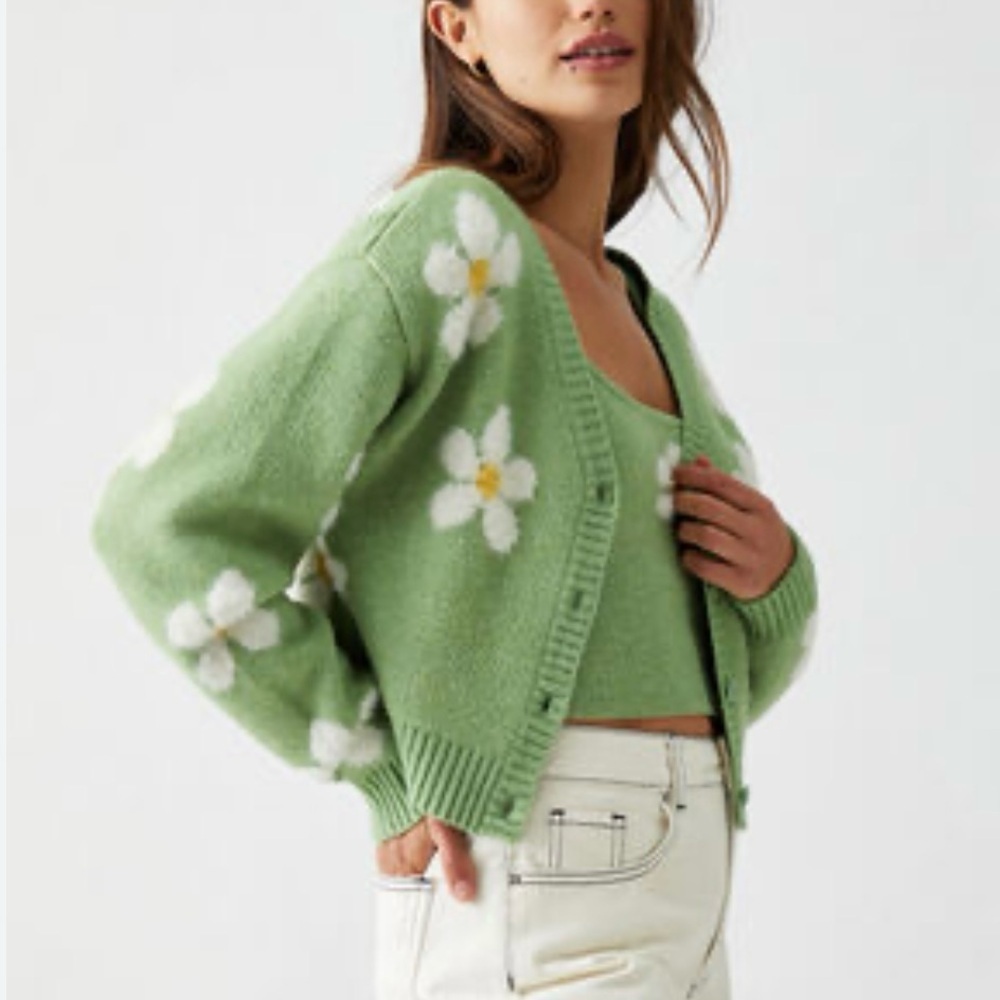La Hearts Green Daisy Knit Cardigan & Tank Set